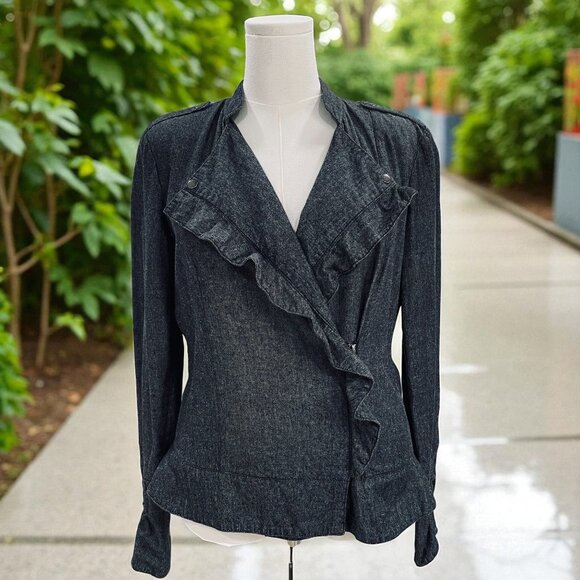 JW Style Womens Ruffle Denim Jacket XL Cotton Linen Blend Romantic Victorian - Picture 1 of 10